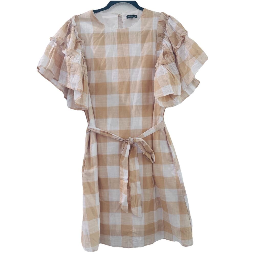 Who What Wear Gingham Checkered Ruffled Flutter Sleeve Lined Dress XS Boho EUC